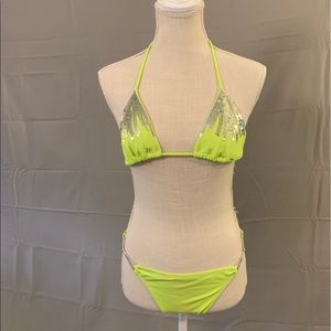 Worn once! Victoria’s Secret Neon Green Triangle String Bikini w/ silver sequins